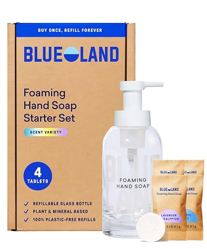 BLUELAND Hand Soap Starter Set, 1 Refillable Glass Foaming Hand Soap Dispenser with 4 Refill Tablets, Variety Scents, 4 x 9 Fl oz Beauty & Personal Care BLUELAND
