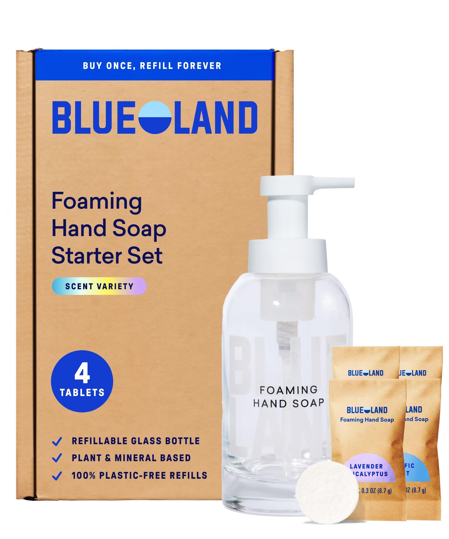 BLUELAND Hand Soap Starter Set, 1 Refillable Glass Foaming Hand Soap Dispenser with 4 Refill Tablets, Variety Scents, 4 x 9 Fl oz Beauty & Personal Care BLUELAND