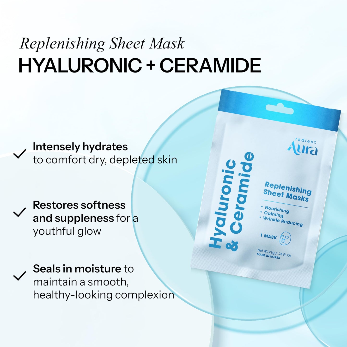 Radiant Aura Ceramide & Hyaluronic Acid Sheet Mask - Dermatologist Tested, Anti Aging, Korean Skin Care - Hydrates, Plumps Fine Lines, Supports Skin Beauty & Personal Care Radiant Aura