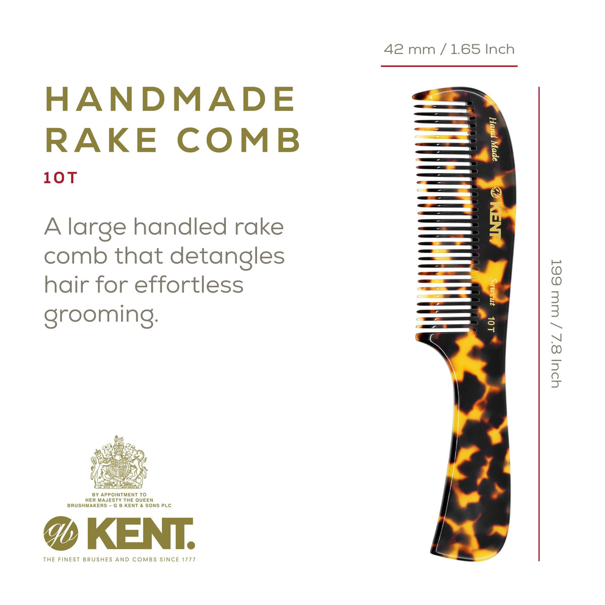 Kent 10T TY Large Detangler Comb, Handmade Wide Tooth Comb for Curly Thick Hair, Detangling Combs For Wet and Dry Hair, Saw-Cut and Hand Polished Made
