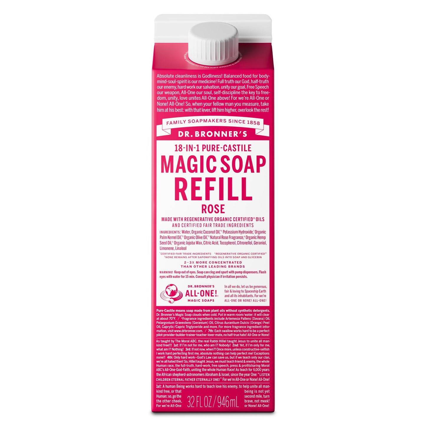 Dr. Bronner's Magic Soap-Pure-Castile Liquid Soap Refill (Rose 32 ounce, 1-Pack)-Regenerative Organic Certified Oils, For Body, Hair, Laundry, Pets Beauty & Personal Care Dr. Bronner's