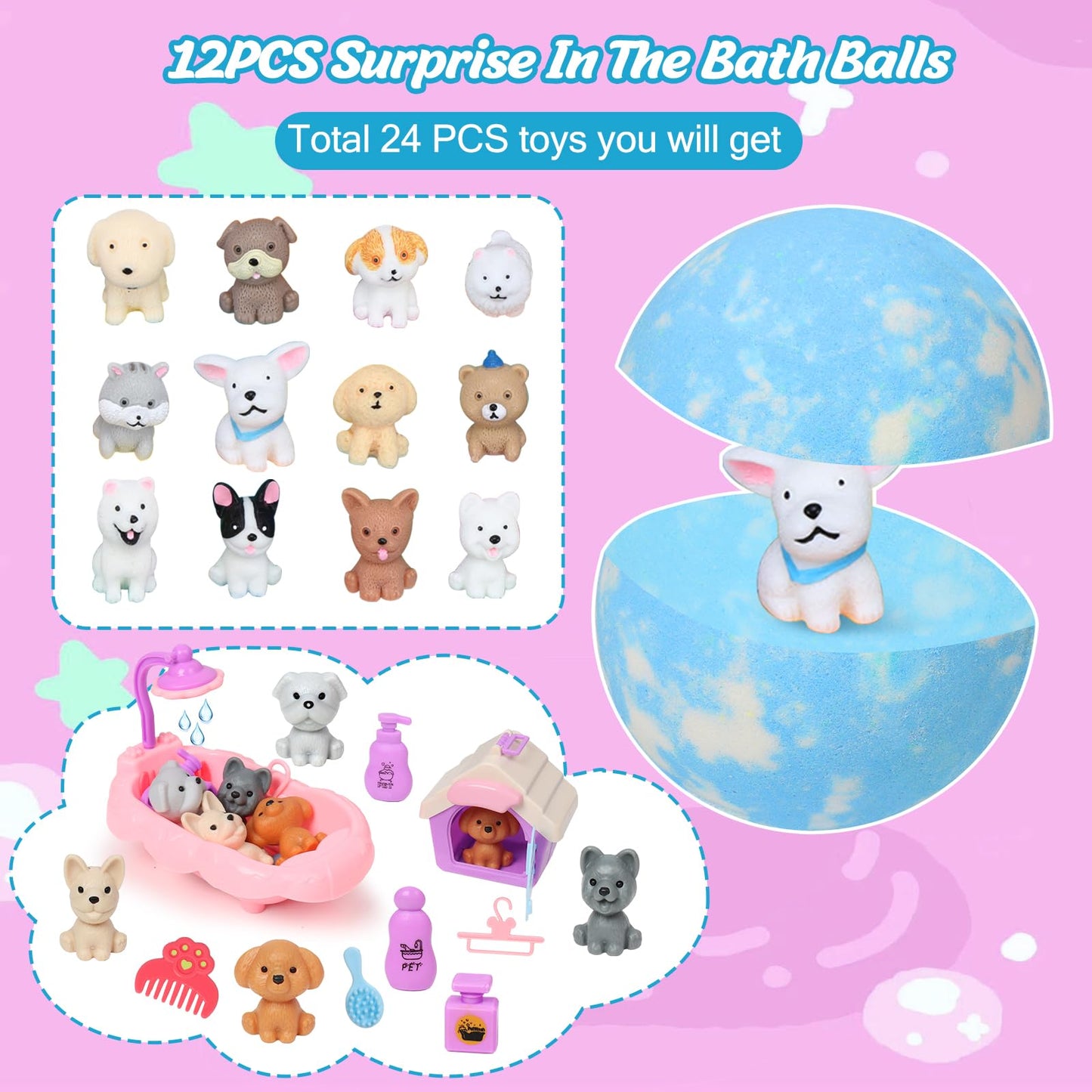 Bath Bombs for Kids with Toys Inside for Girls Boys, 12 Pack Kids Bath Bombs with Surprise Dog Pretend Playset, Handmade Bubble Bath Fizzies Birthday Beauty and Personal Care Excalla