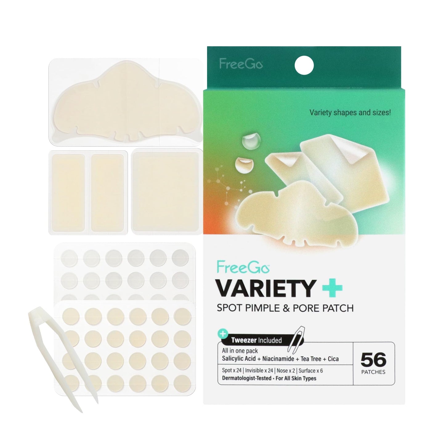 FreeGo Variety+ Hydrocolloid Spot Pimple & Pore Patches for Face, Large Patches for Breakouts, Zit, Blemish Spot, Facial Stickers, Korean Pimple Beauty & Personal Care FreeGo