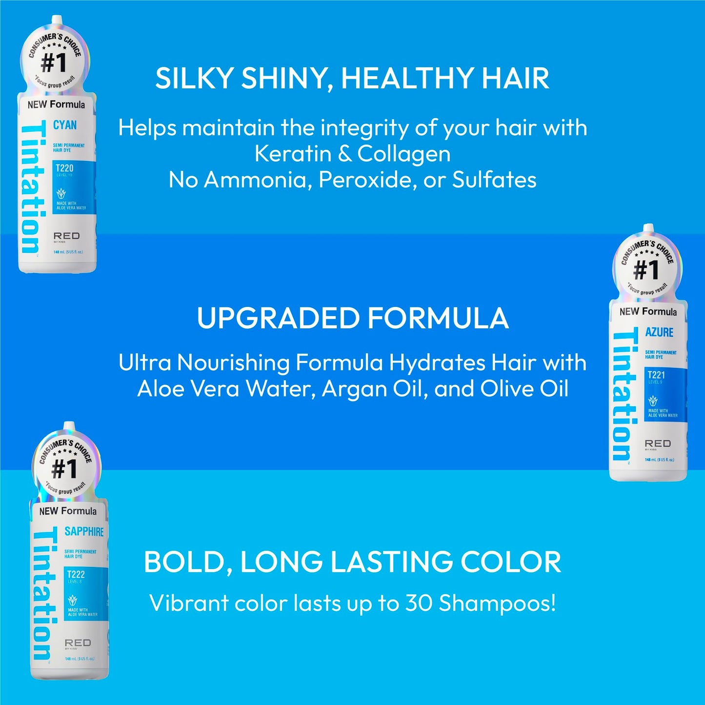 Red by Kiss Tintation Semi-Permanent Hair Color, Aloe Vera Water Based, Argan Oil, Olive Oil, Collagen & Keratin, Long-Lasting Color Dye (Azure, 5 Fl Beauty & Personal Care Red By Kiss