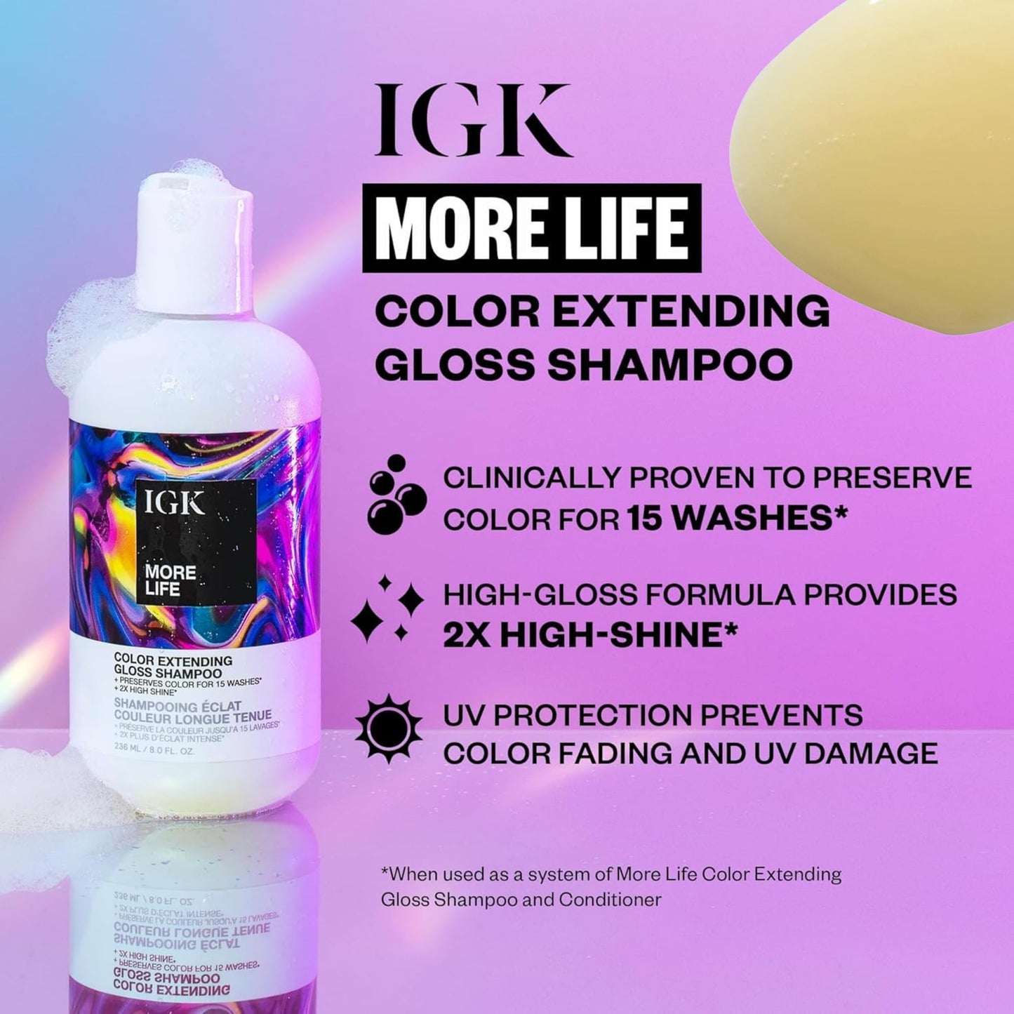 IGK MORE LIFE Color Extending Gloss Shampoo & Conditioner Set | Preserves Color + Enhances Shine | UV Protection | Vegan + Cruelty-Free | 8 oz (Pack Beauty & Personal Care IGK