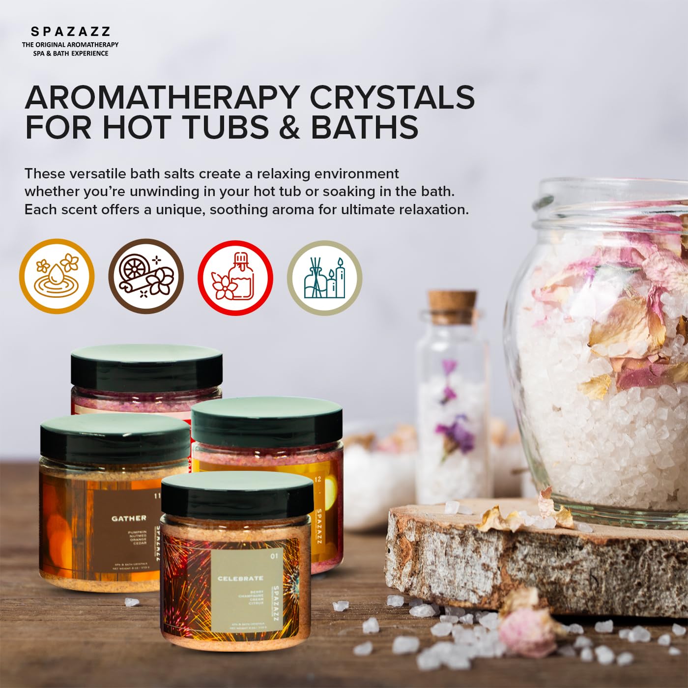 Spazazz Hot Tub Aromatherapy Memories Collection Bath Salts Set Four-4 Oz Pack - Love, Holiday, Celebrate, Gather - Spazazz Hot Tub Crystals and Bath Beauty and Personal Care Spazazz