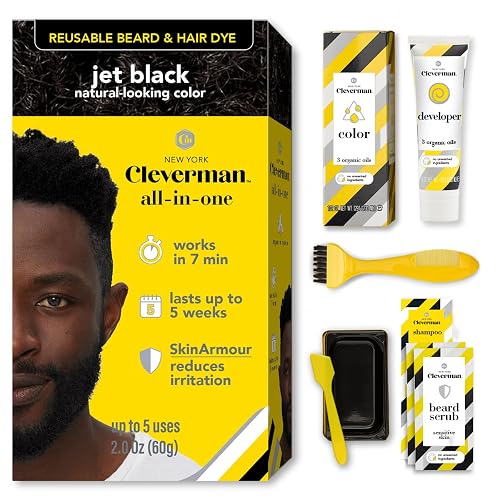 Reusable Hair & Beard Dye for Black Men - Jet Black 1.7 | Up to 5 Uses, 7 Minutes | Natural Gray Coverage, No-Drip Cream with SkinArmour® - Cleverman Beauty & Personal Care CLEVERMAN