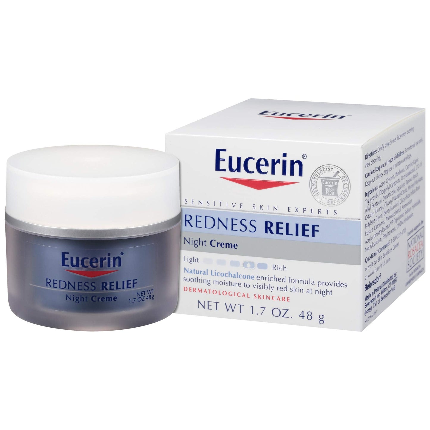 Eucerin Redness Relief Night Creme - Hydrating Cream Safe for Sensitive, Redness-Prone Skin & Rosacea - 1.7 oz Jar Beauty & Personal Care Eucerin