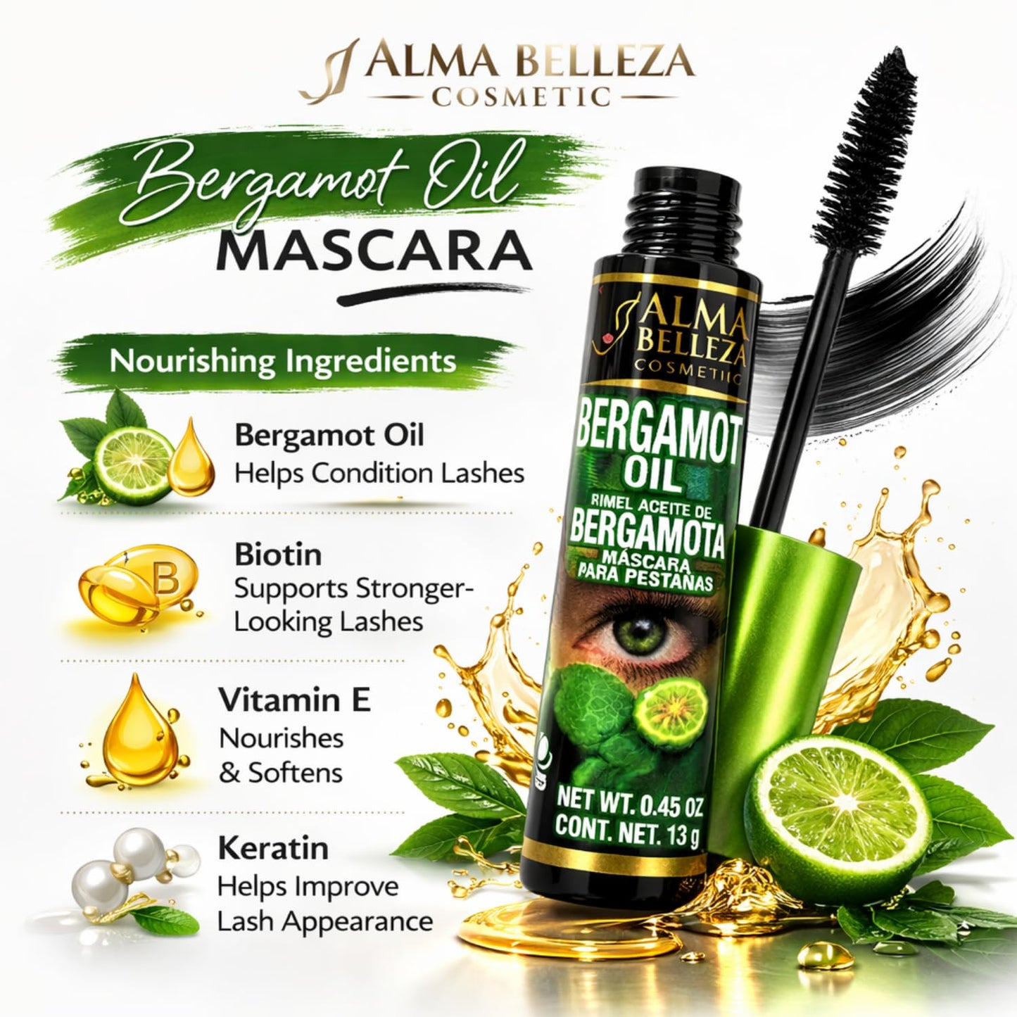 BERGAMOTA Oil Hair Care Bergamot oil ideal for hair, beard and mustache, 4.05oz + BERGAMOT OIL BLACK Waterproof Mascara, Strengthening 13g (4% silicon Beauty and Personal Care Alma Belleza