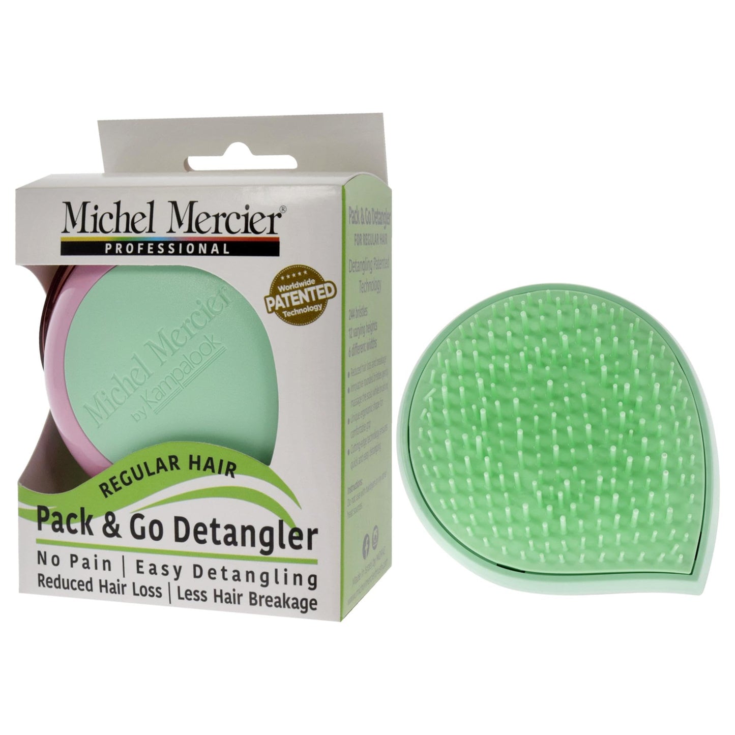 Michel Mercier Pack and Go Detangler - Unisex Detangling Hair Brush - Mini Portable Travel Size, Compact Brush - Regular Hair - Green-Pink - 1 pc Beauty & Personal Care Michel Mercier