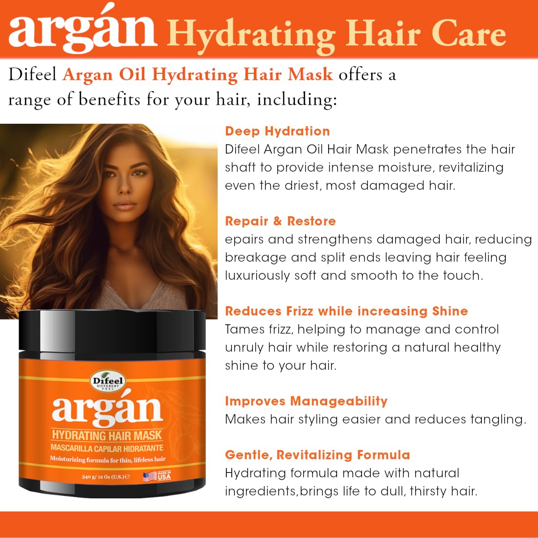 Difeel Argan Hydrating Hair Mask 12 oz. - Deep Hair Treatment for Dry Hair, Deep Hair Conditioner Treatment for Damaged Hair