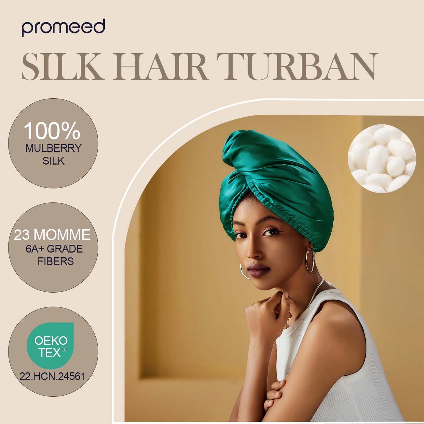 PROMEED Hydrating Silk Hair Wrap with Hyaluronic Acid, 100% 23 Momme Mulberry Silk Turban for Dry Hair and Frizzy Hair, Grade 6a+ Silk Bonnet for Hair Beauty and Personal Care PROMEED