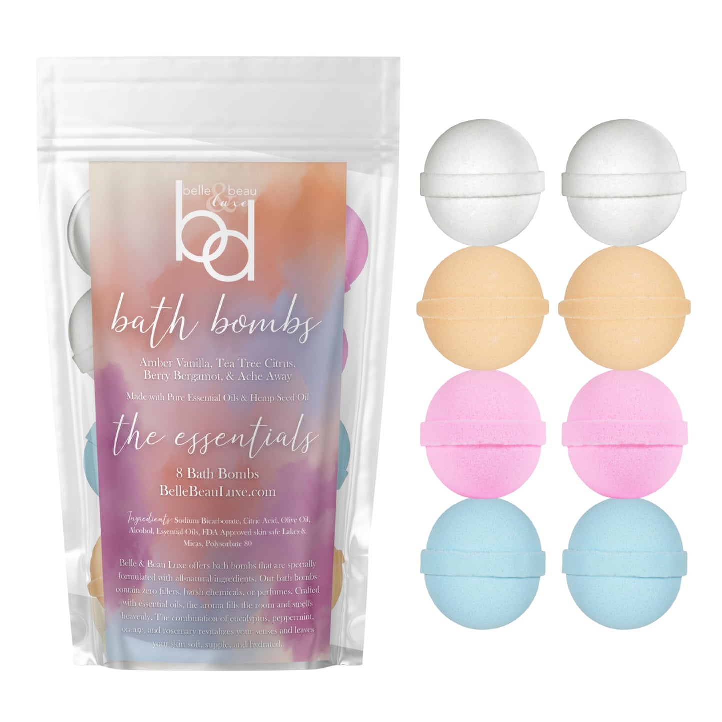 Belle & Beau Luxe Essentials Variety Pack Hemp Bath Bombs - Made with Organic Hemp Seed Oil and Pure EO - Vanilla, Tea Tree Citrus, Bergamot Berry Beauty and Personal Care BB BELLE & BEAU LUXE