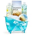Home Spa Bath Basket Fresh Aquatic Oceanside Breeze Spa Set For Women Bath & Body Set For Women Shower Gel, Bubble Bath, Body Lotion, etc Puff in Blue Beauty & Personal Care Freida and Joe