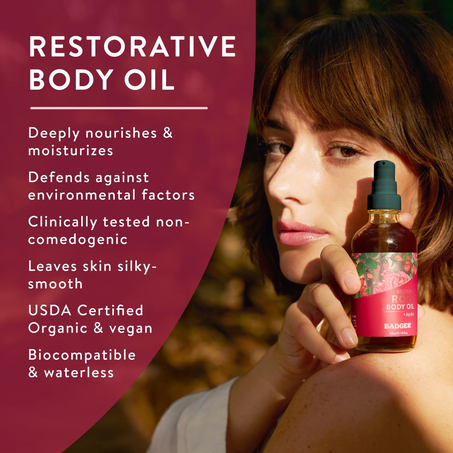Badger Rose Body Oil, 100% Organic Rose Scented Body Oil, All Natural Body Moisturizer, Organic Jojoba & Rose Oils Soothe Dry Skin, 4 fl oz Glass Beauty & Personal Care Badger