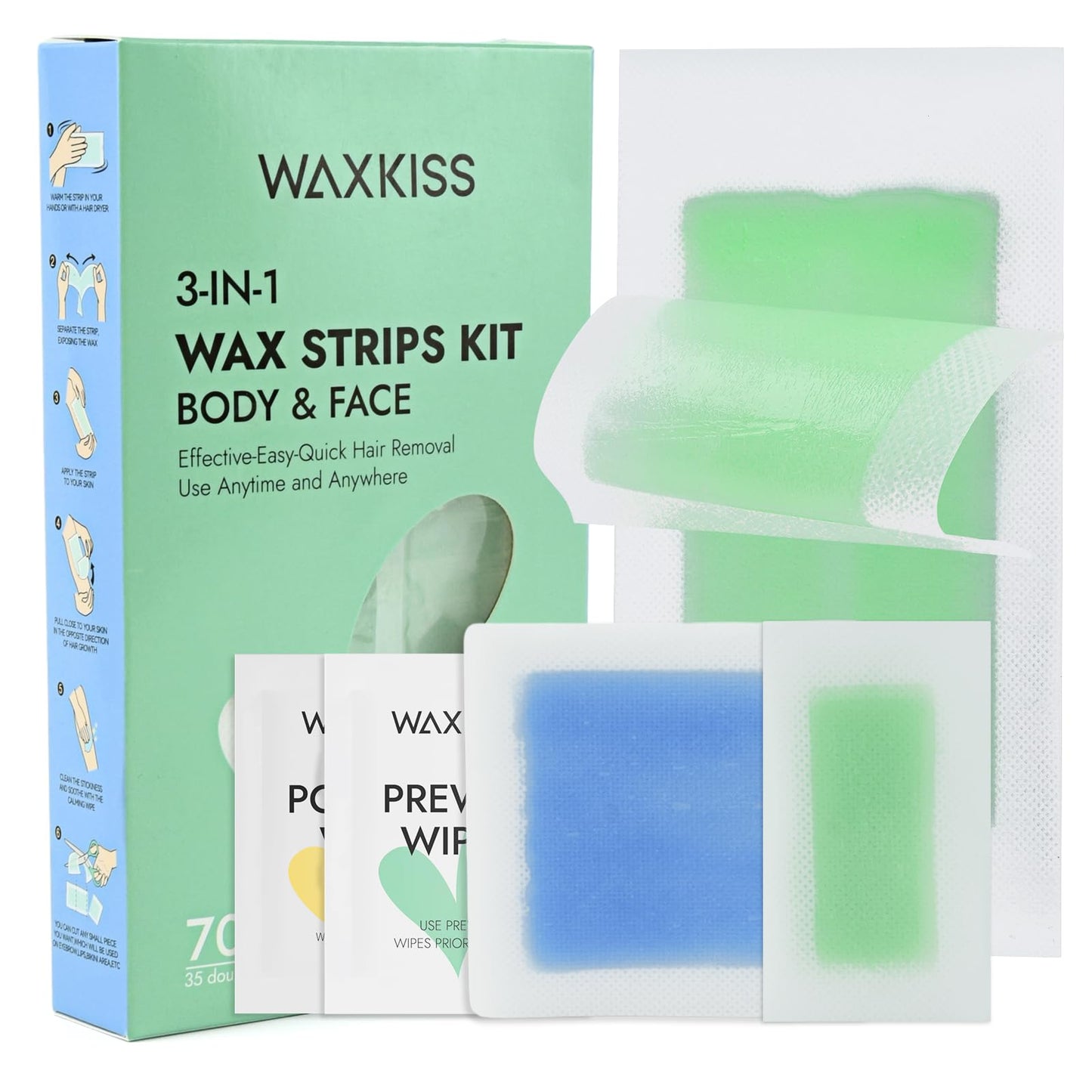 Waxkiss Wax Strips Kit for Women Men 70 Counts 3 Sizes & 12 Pcs Prewax and Afterwax Wipes Ready-to-use Waxing Strip Kit for Hair Removal Home Waxing Beauty and Personal Care waxkiss