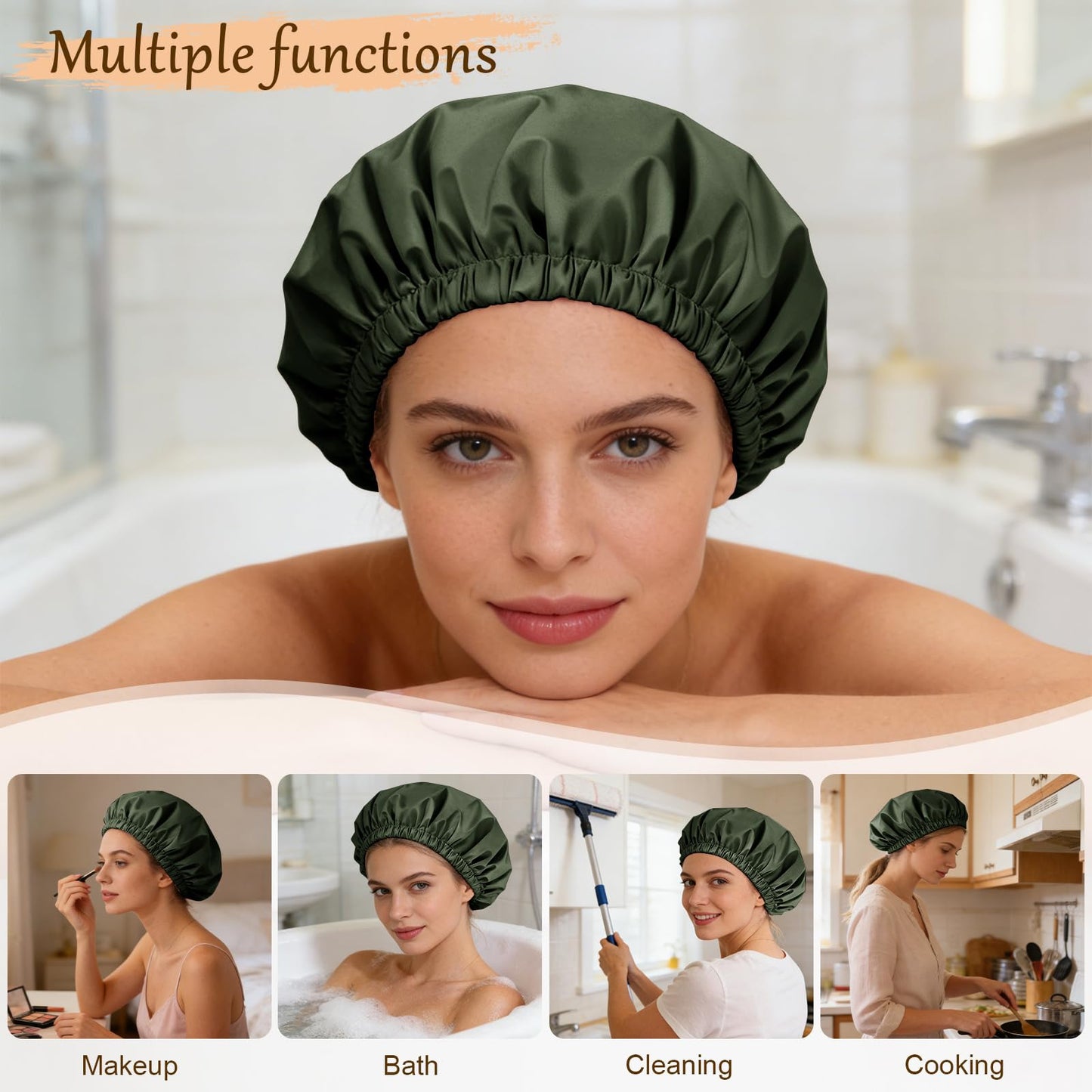 Doitory Satin Lined Shower Cap for Women, Reusable Waterproof Hair Cap, Large Washable Bath Caps with Soft Elastic Band, Protect Long Hair Braids(Dark Beauty and Personal Care Doitory