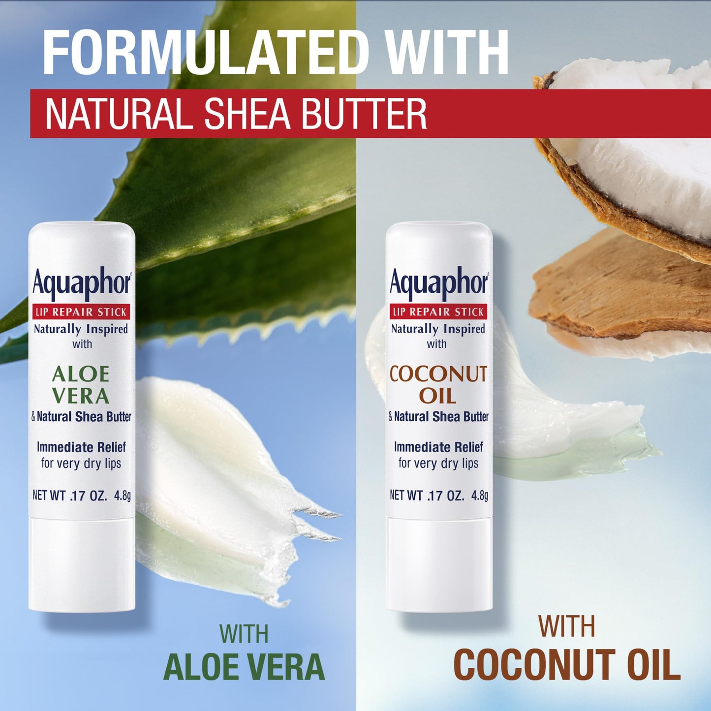 Aquaphor Naturally Inspired Lip Repair Stick Four (4) Pack with Shea Butter, Lip Balm Set, Coconut Oil, Two (2) 0.17 Oz + Two (2) Aloe Vera, 0.17 Oz Beauty and Personal Care Aquaphor