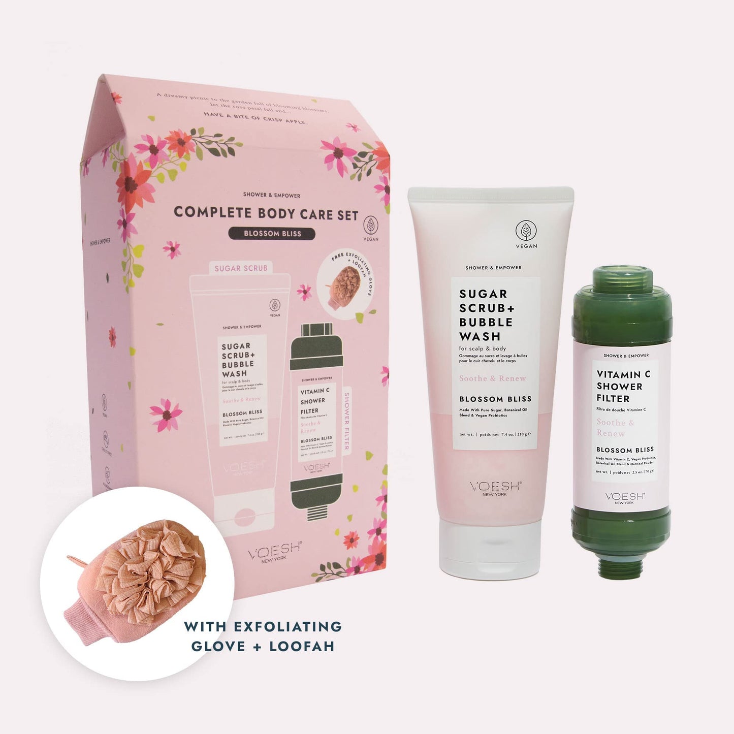 VOESH Shower & Empower Complete Body Care Set, Vitamin C Shower Filter, Exfoliating Loofah, Body Wash, Shower Care Set, Self-Care Kit, Vegan Skincare Beauty and Personal Care VOESH