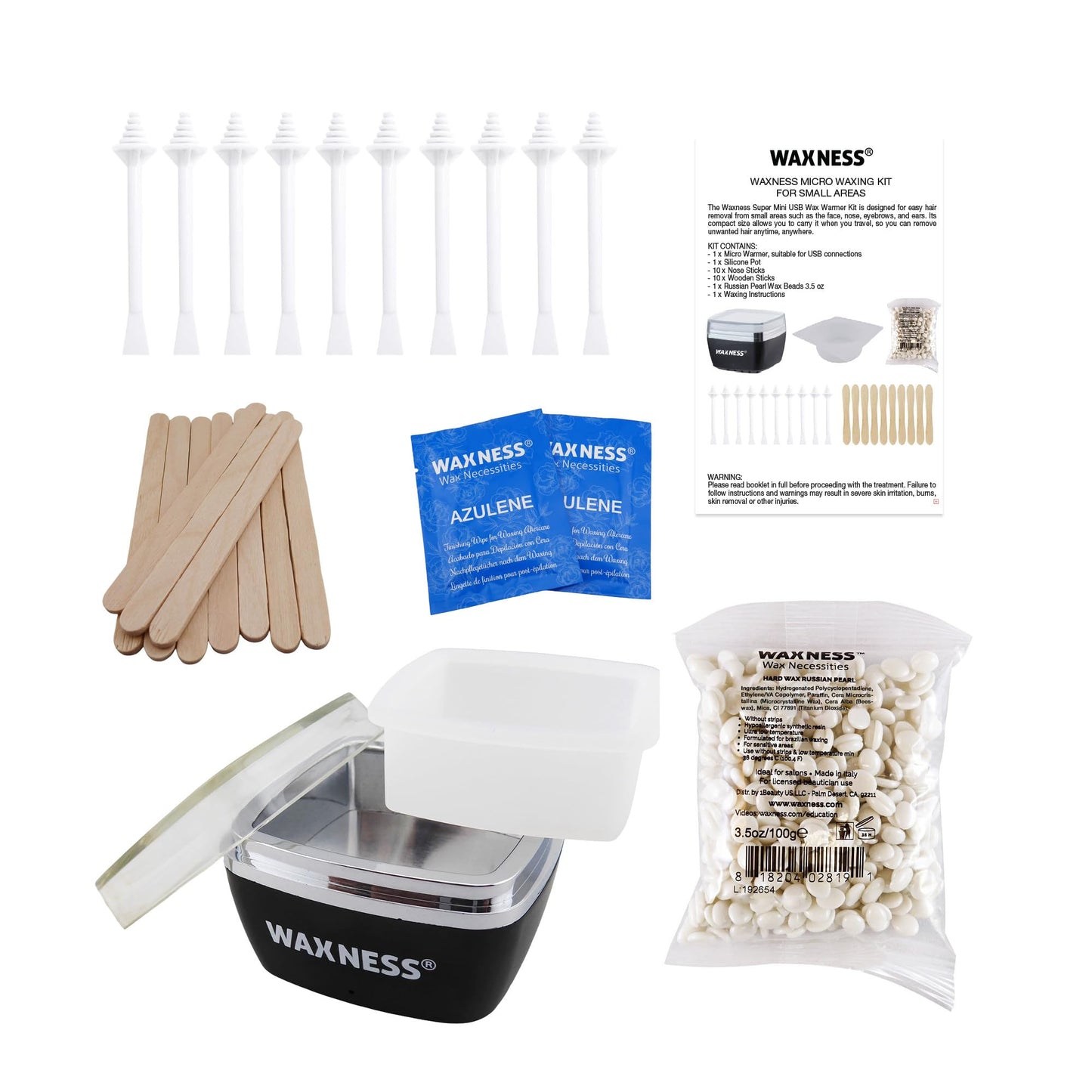 Waxness Micro Travel Waxing Kit with Warmer and Small Bag 3.5 Oz of Russian Pearl hard Wax for Small Areas Beauty and Personal Care Waxness