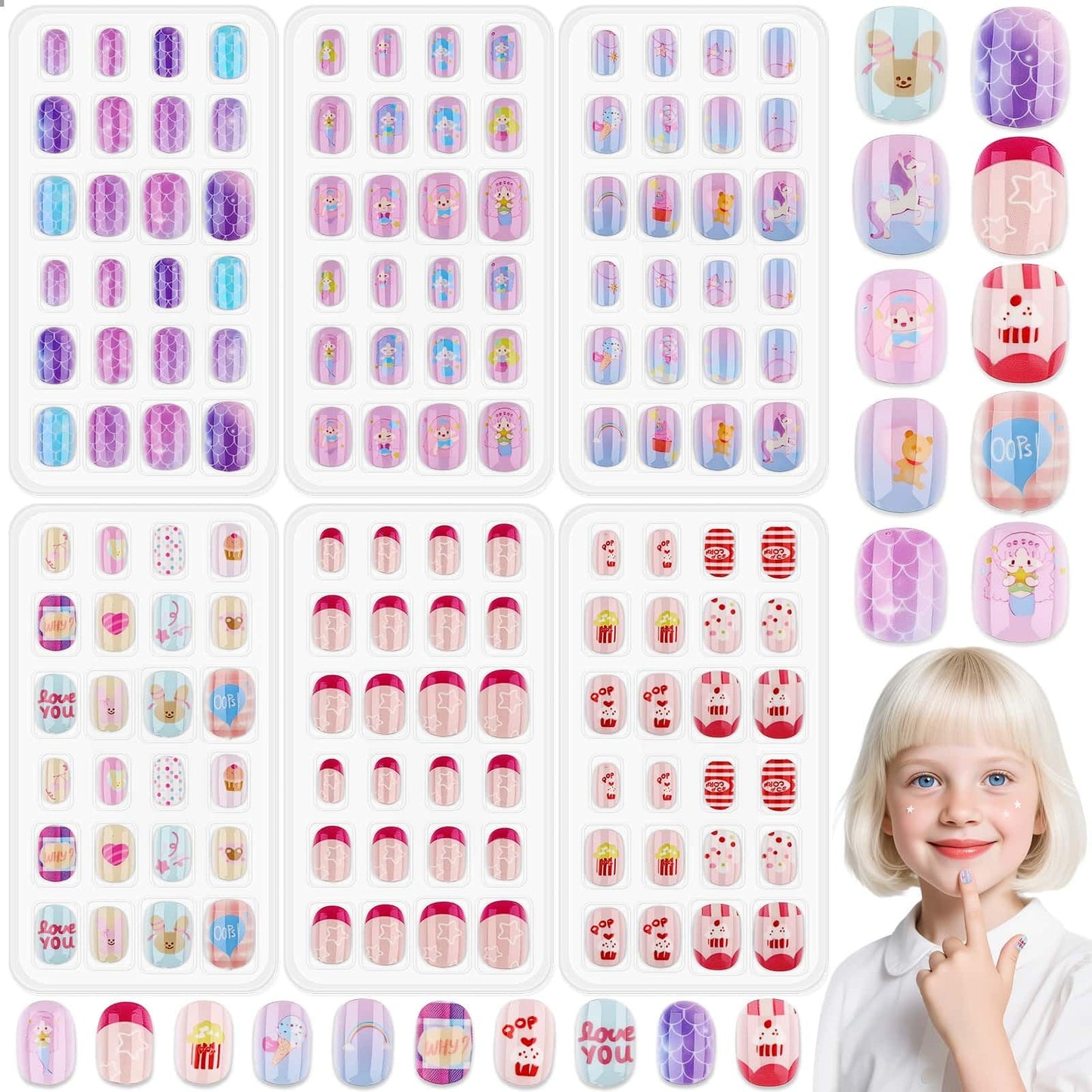144 Pcs Press on Nails for Girls, Stick On Nails for Kids Short Acrylic Fake Nails Cute Nails Art Stuff for Little Girl 8-10 Beauty and Personal Care Thrilez Default Title