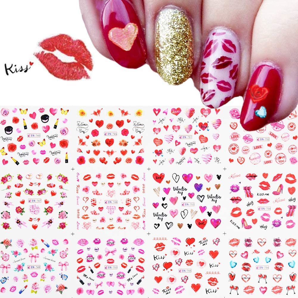 Valentine's Day Nail Decals - 12 Sheets Heart Rose Love Sexy Lips Lipstick Valentines Nail Art Tattoo Stickers DIY Nail Decoration for Women Girls Beauty & Personal Care Qdsuh