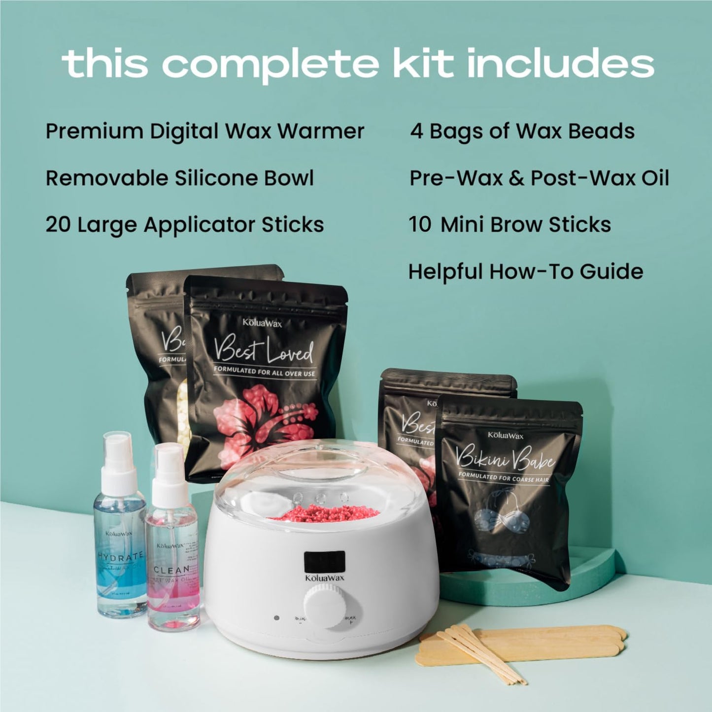 KoluaWax Premium Waxing Kit for Women - Beginner Friendly - Complete Wax Kit that includes 14oz of Wax Beads, Applicator, Pre and Post Care, Suitable Beauty and Personal Care KoluaWax