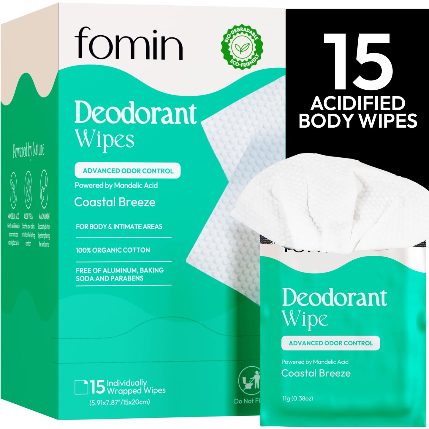 FOMIN Acidified Travel Deodorant Wipes For Women & Men - 15 Count - Coastal Breeze - pH Balanced, Mini Deodorant Travel Size Wipe - Plastic-Free Beauty and Personal Care FOMIN