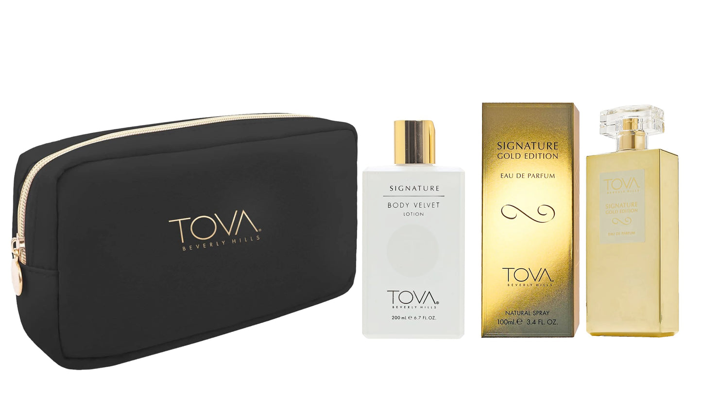 Tova Signature Gold 3.4 EDP+Body Velvet 6.7+Bag - Trio Beauty & Personal Care Tova