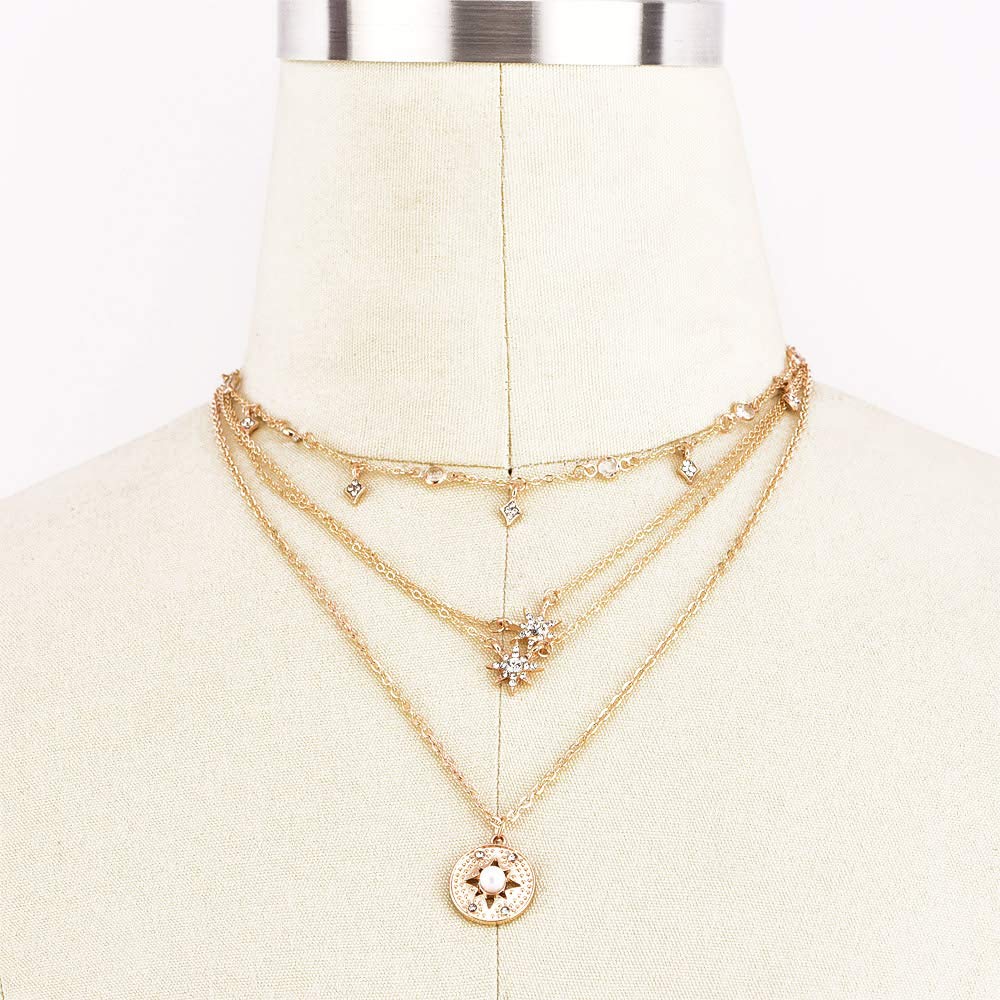 DoubleNine Multilayer Necklace Sun Star Golden Crescent Pendant Gold Medal Sequins Women Crystal Necklace Layered Delicate Collar Women Girls Bride Beauty & Personal Care Doubnine