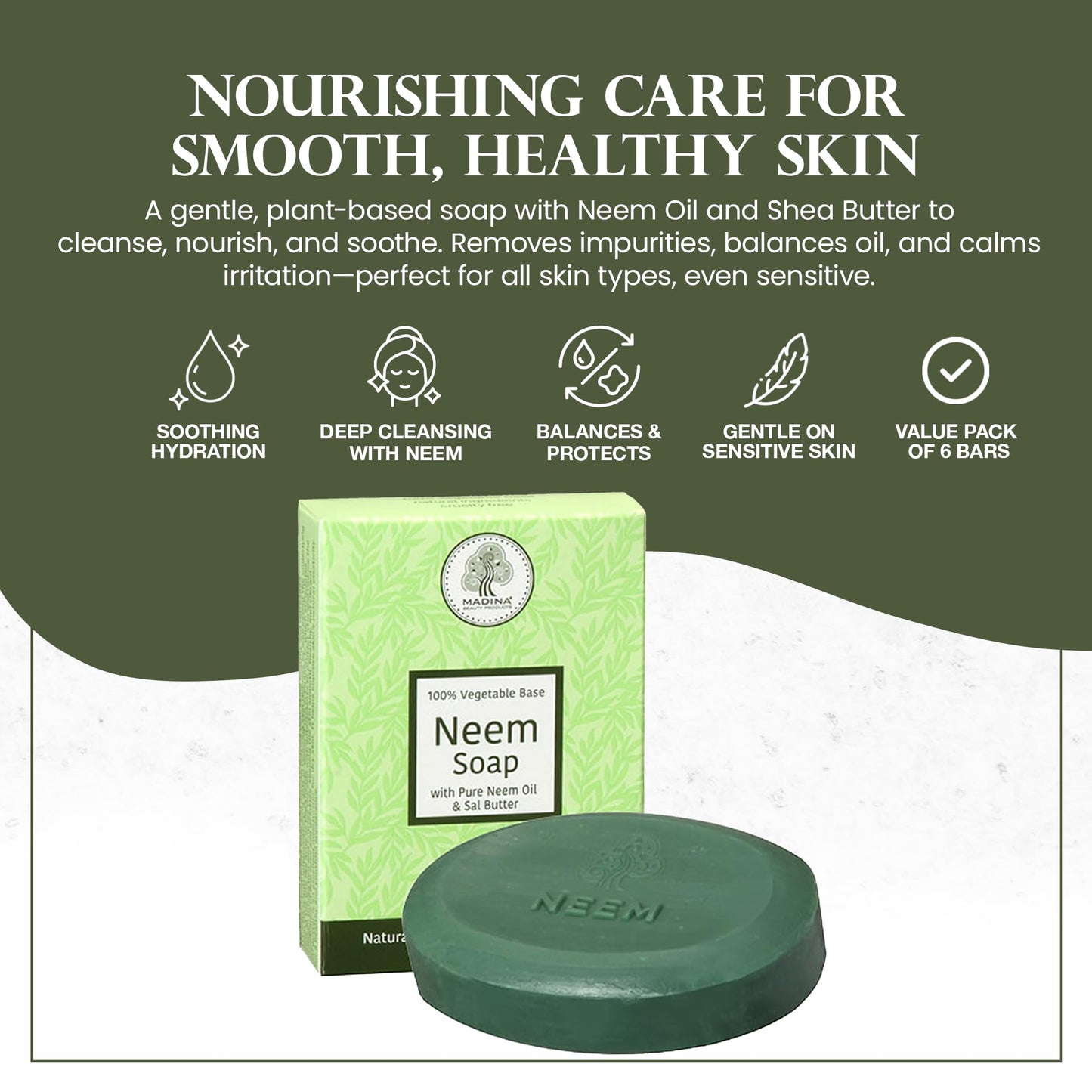 Madina Neem Advance Soap Bar - Deep Cleansing, Purifying, Moisturizing, Vegetable-Based, Halal & RSPO Certified, Gentle Cleanser for Face & Body, 6 Beauty & Personal Care Madina