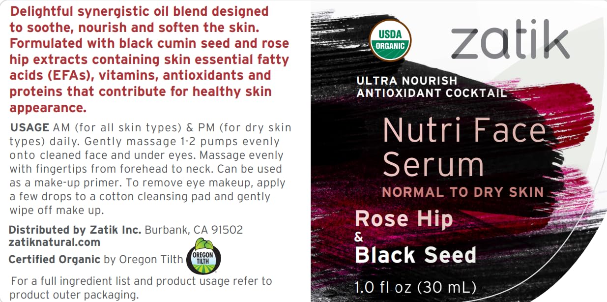 Zatik Naturals - Nutri Face Serum with Rose Hip and Black Seed, USDA Organic, Vegan, Non-GMO, Gluten Free, Soy Free, Alcohol Free, pH Balanced Beauty & Personal Care Zatik