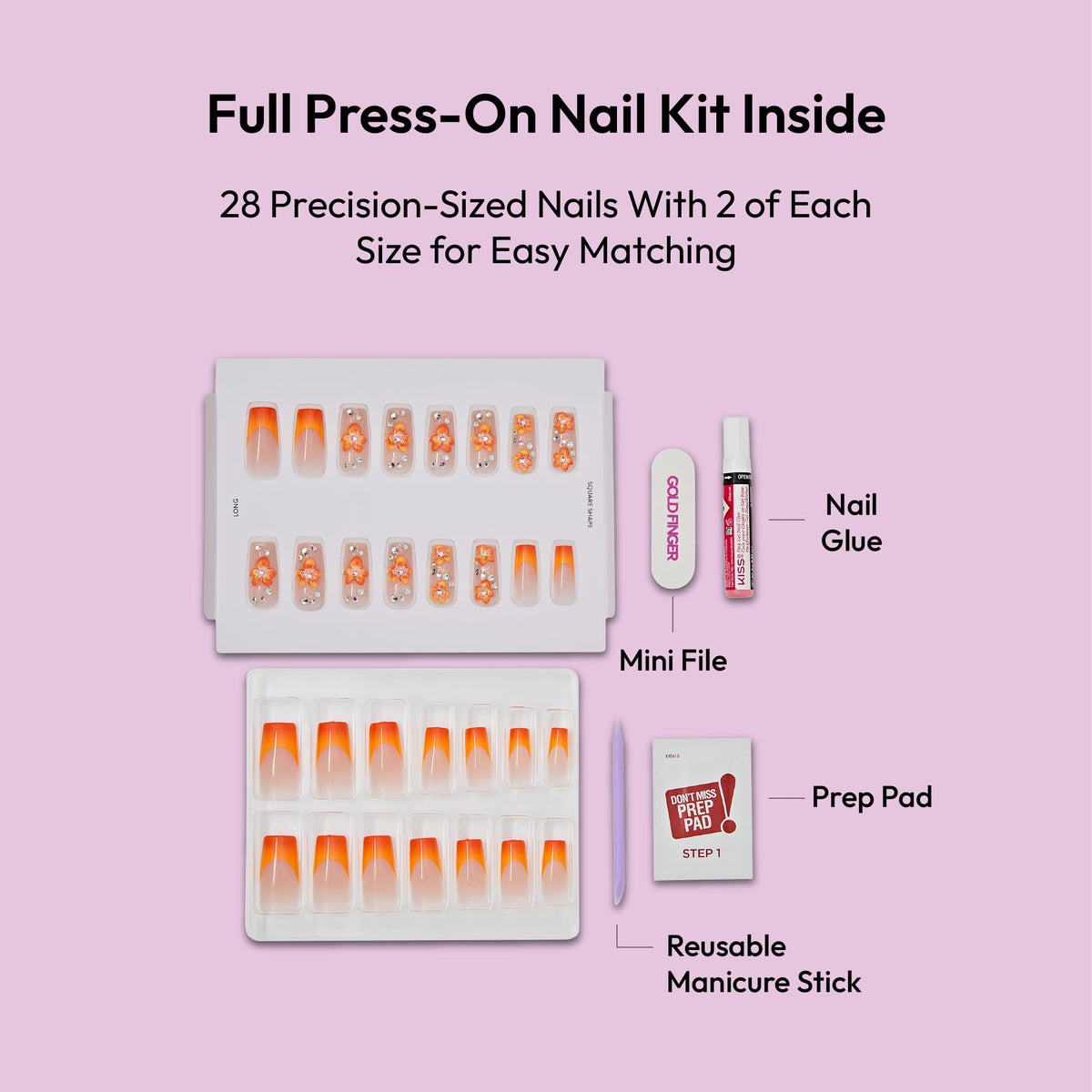 Glitzy 3D Handmade Press On Nail Kit, Rhinestone Gem Gradient French Tip Long Square False Nail, Reusable & Lasts Up To 2 Weeks, Seamless Snug Fit