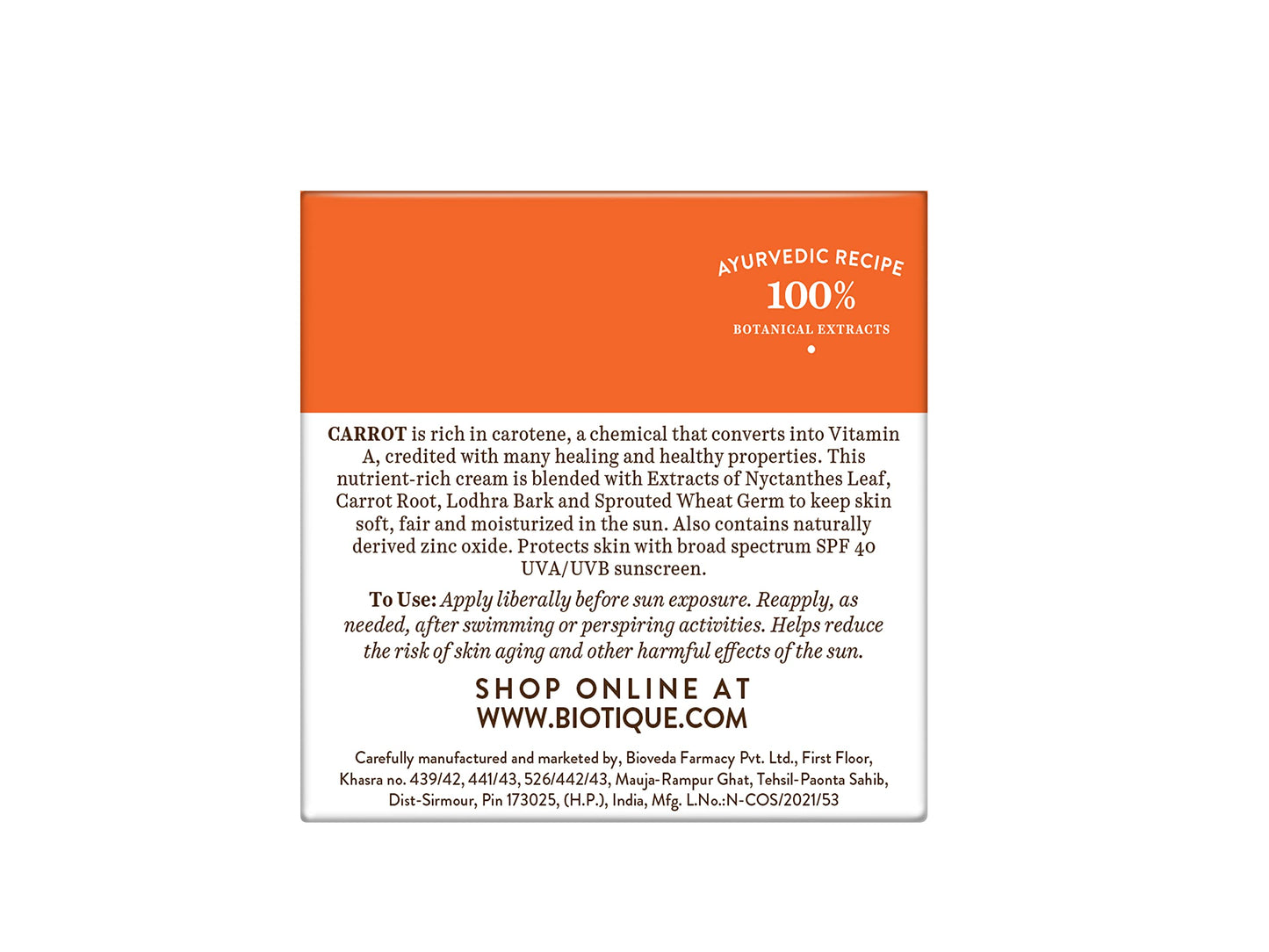 Bio Carrot Face and Body Sun Cream SPF 40 UVA/UVB Sunscreen by Biotique Beauty & Personal Care Biotique