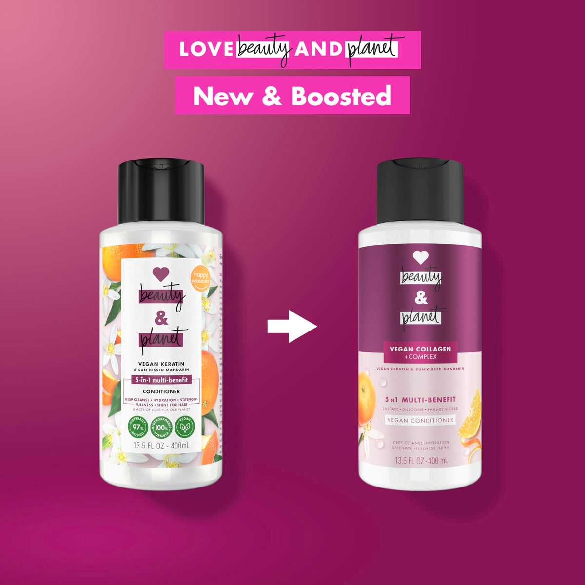 Love Beauty and Planet 5-in-1 Multi-Benefit Conditioner Vegan Keratin Collagen & Sun-Kissed Mandarin, for a Deep Cleanse, Hydration, Strength,