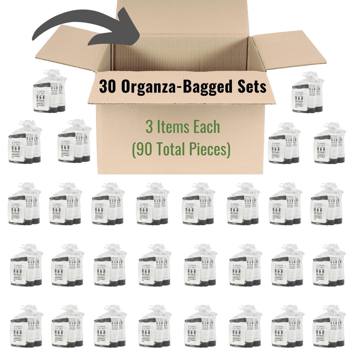 R&R Retreat Hotel Toiletry Sets - 30 Pre-Assembled 3-Piece Guest Amenities in Organza Bags - 2-in-1 Conditioning Shampoo, Body Lotion & Sachet-Wrapped Beauty and Personal Care Vacation Home Amenities