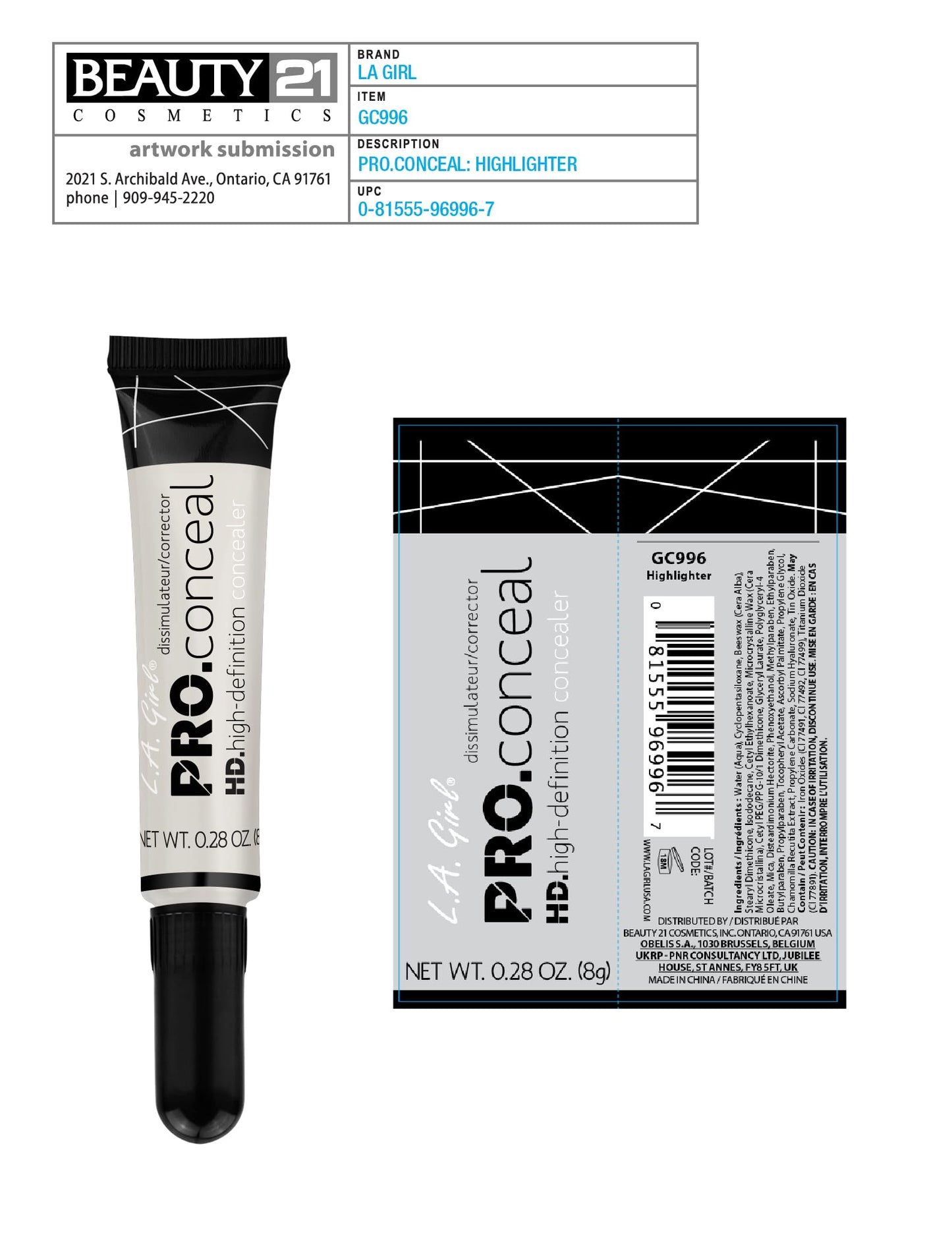 LA Girl Pro Coneal HD. High Definiton Concealer 0.28 oz GC996 Highlighter (1 pc Highlighter) Beauty & Personal Care L.A. Girl