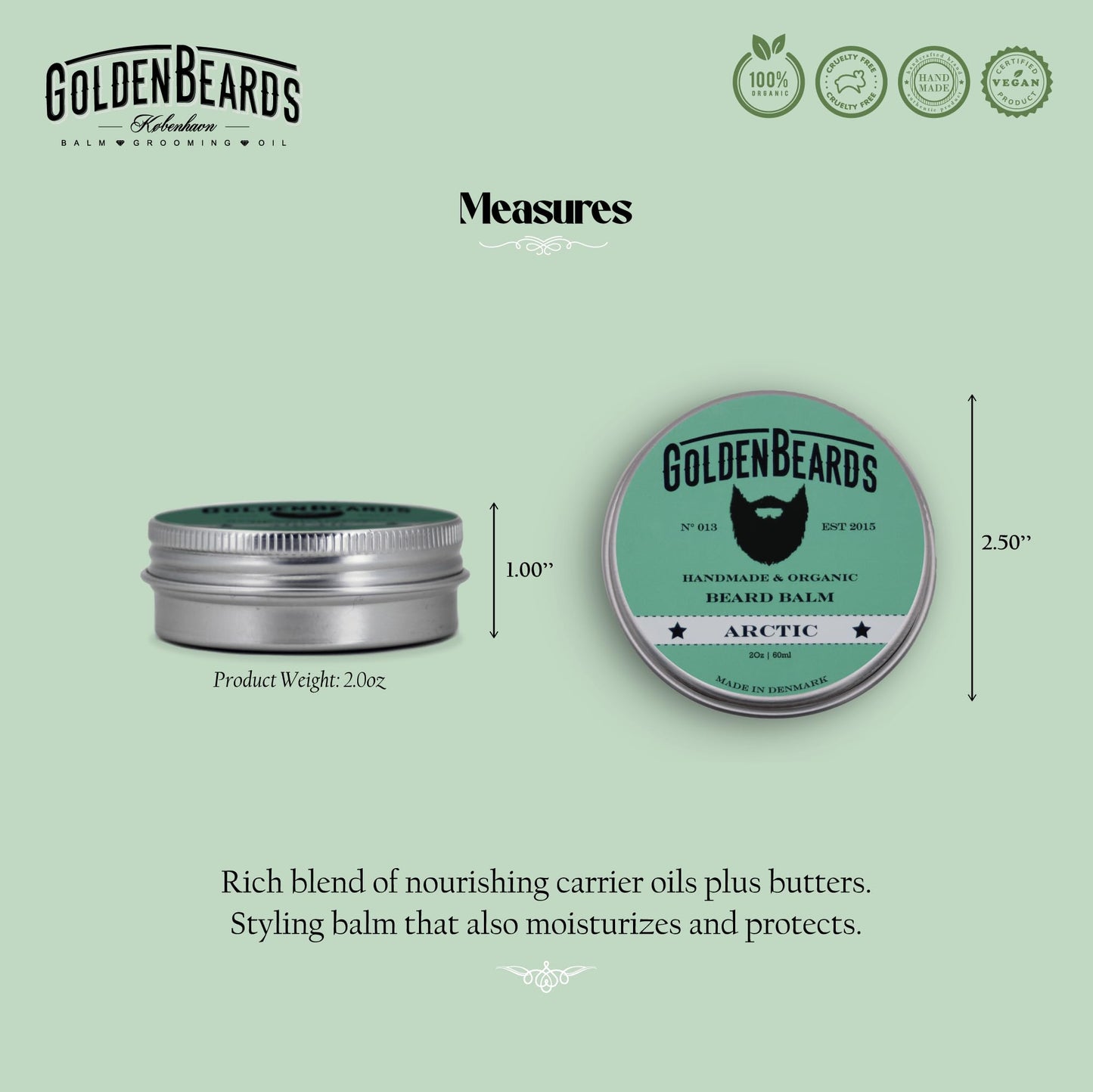 Golden Beards Organic Beard Balm Arctic - Shea, Cocoa & Beeswax Blend with Peppermint, Tea Tree & Orange Scent - 60ml Vegan Handmade Styling Balm Beauty and Personal Care Golden Beards Kobenhavn BALM GROOMING OIL