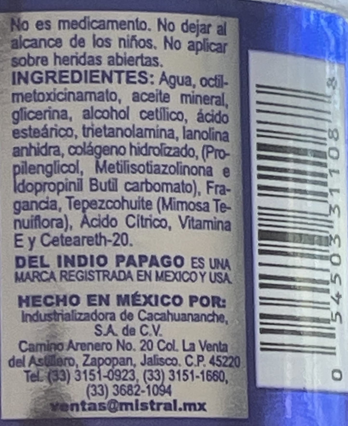 Del Indio Papago TEPEZCOHUITE 120g SKIN CREAM COLLAGEN & VITAMIN E SUNSCREEN SPF-15 White Beauty & Personal Care Indio Papago