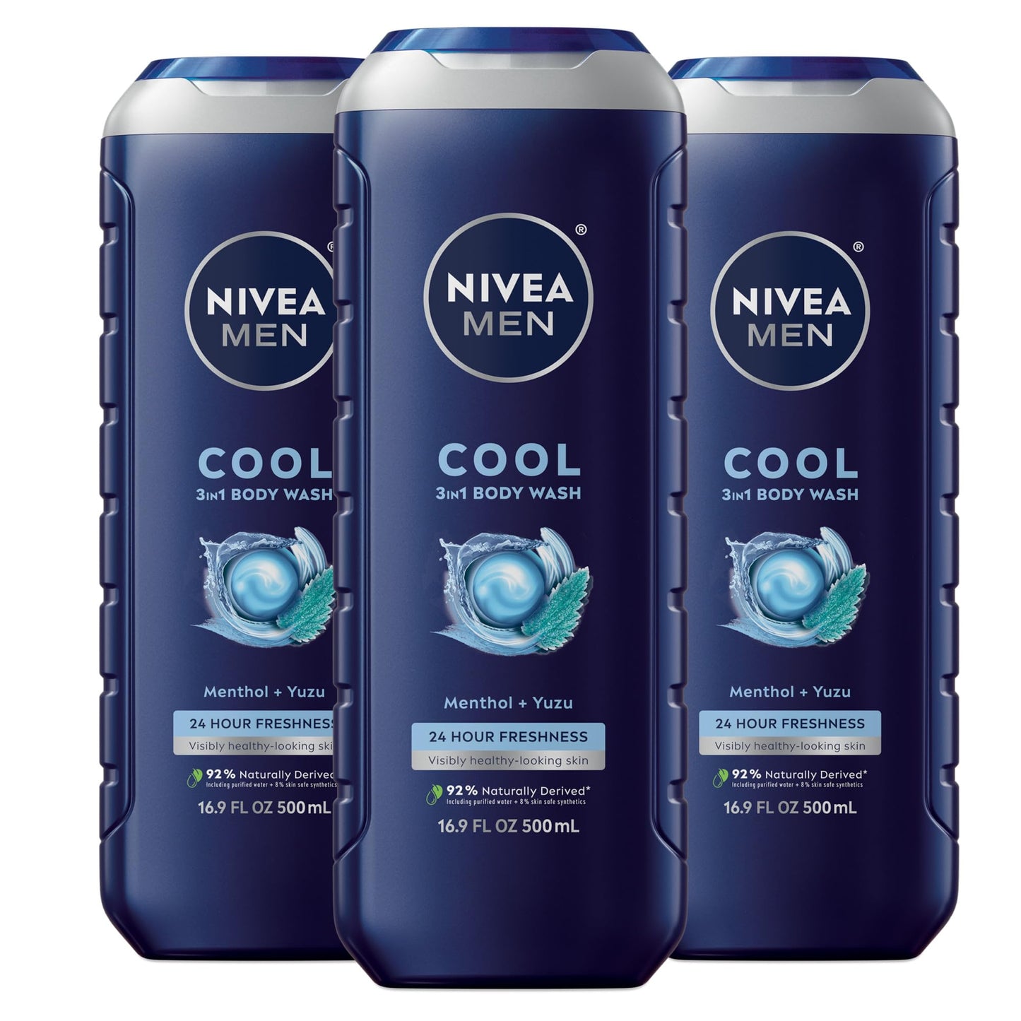 NIVEA MEN Cool Body Wash, Icy Menthol and Yuzu Scent, 3-in-1 Men's Body Wash, Face and Hair, Paraben Free, pH-Skin Friendly, 16.9 Fl Oz Bottle, Pack Beauty & Personal Care NIVEA MEN