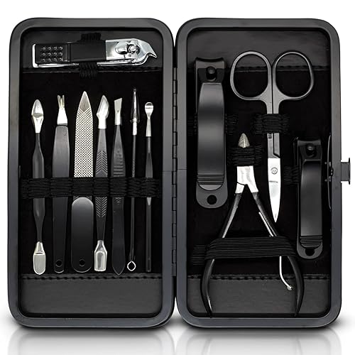 ASH ISLAND Nail Clippers Set - Black Stainless 12 in 1 For Men And Women Manicure Pedicure Travel Kit Luxury Nail File Sharp Nail Scissors Fingernails Beauty & Personal Care ASH ISLAND