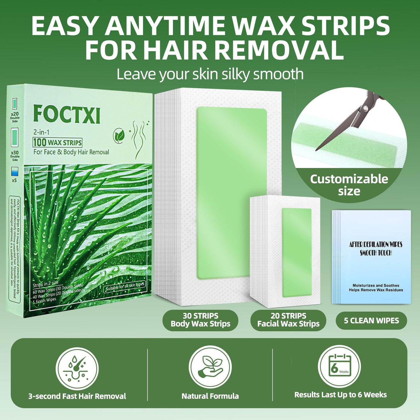 FOCTXI 100 PCS Wax Strips Hair Removal Kit (40 Facial & 60 Body) + 5 Calming Wipes - At Home Waxing Kit for Face, Eyebrow, Bikini & Legs, Sensitive Beauty and Personal Care FOCTXI