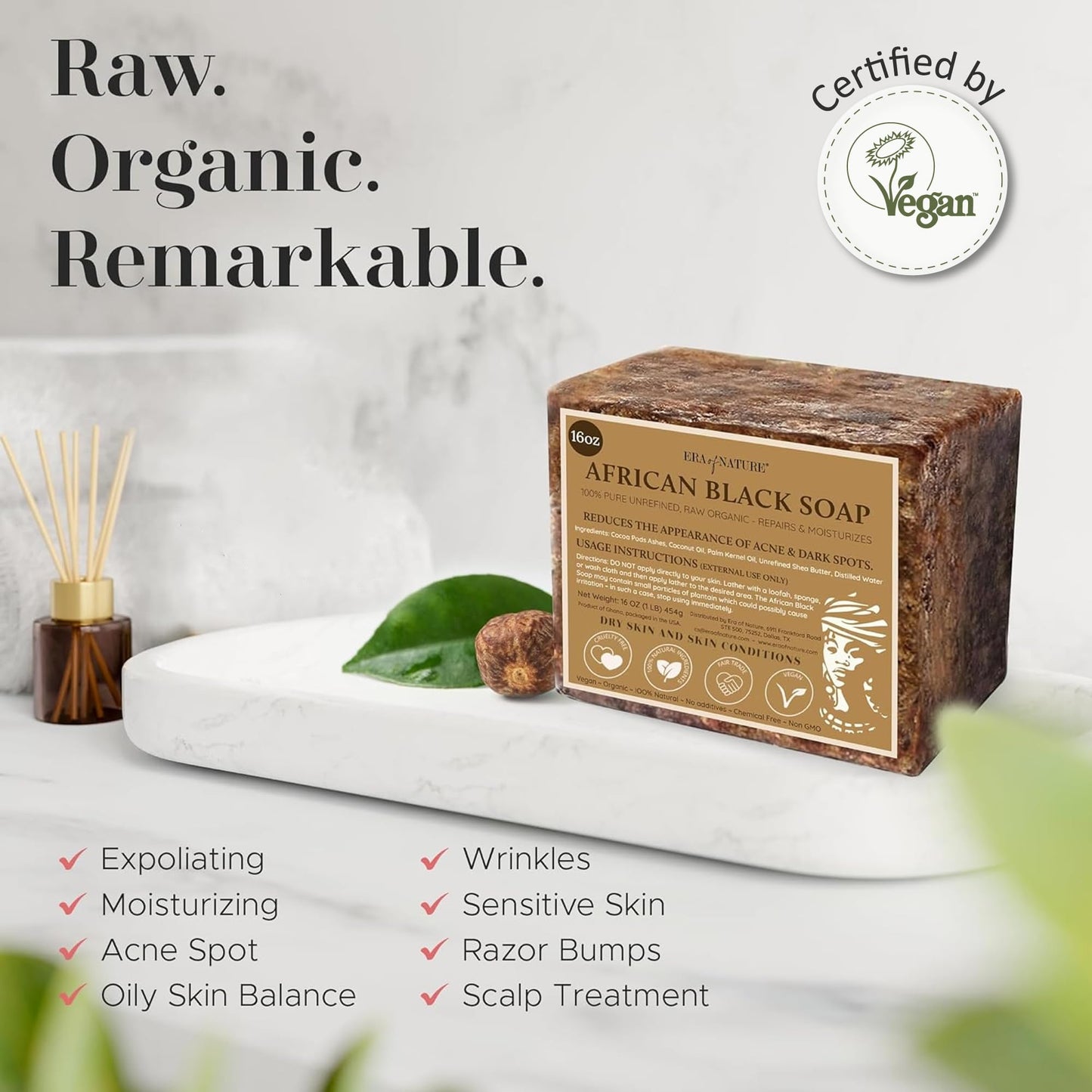 era of nature Best Raw ORGANIC AFRICAN BLACK SOAP, for Dry Skin and Skin Conditions. Pure & Natural Ingredients, Imported From Ghana - 1lb (16oz) Beauty and Personal Care era of nature