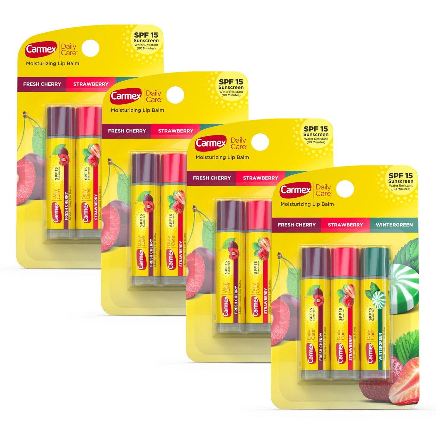 Carmex Daily Care Moisturizing Lip Balm Sticks with SPF, Fresh Cherry, Strawberry and Wintergreen Lip Balm Pack, 0.15 OZ - (4 packs of 3) Beauty and Personal Care Carmex