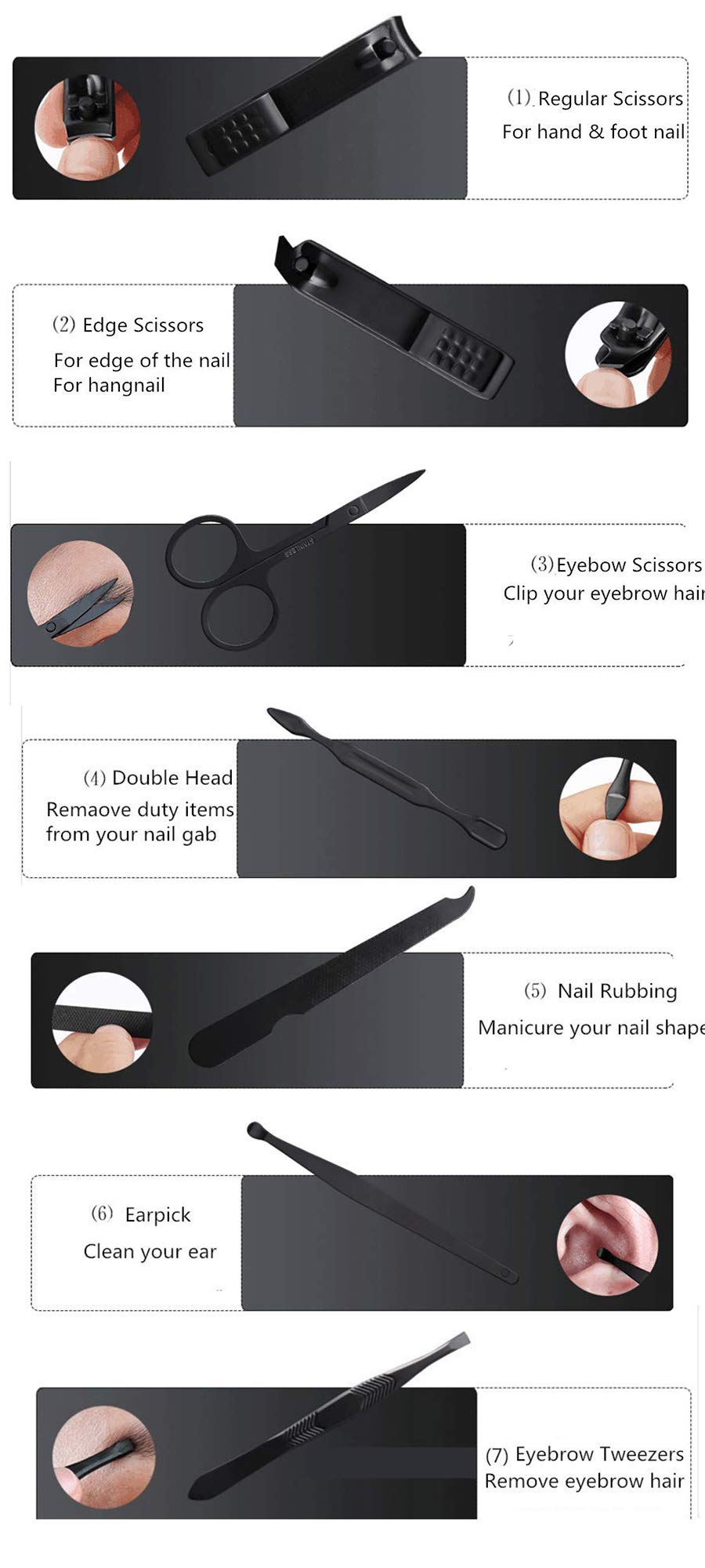Aubcee Nail Clipper Set, Manicure, Pedicure Kit, 7 in 1 Black Stainless Steel Professional Grooming Kit with Black Leather Travel Case Beauty & Personal Care Aubcee