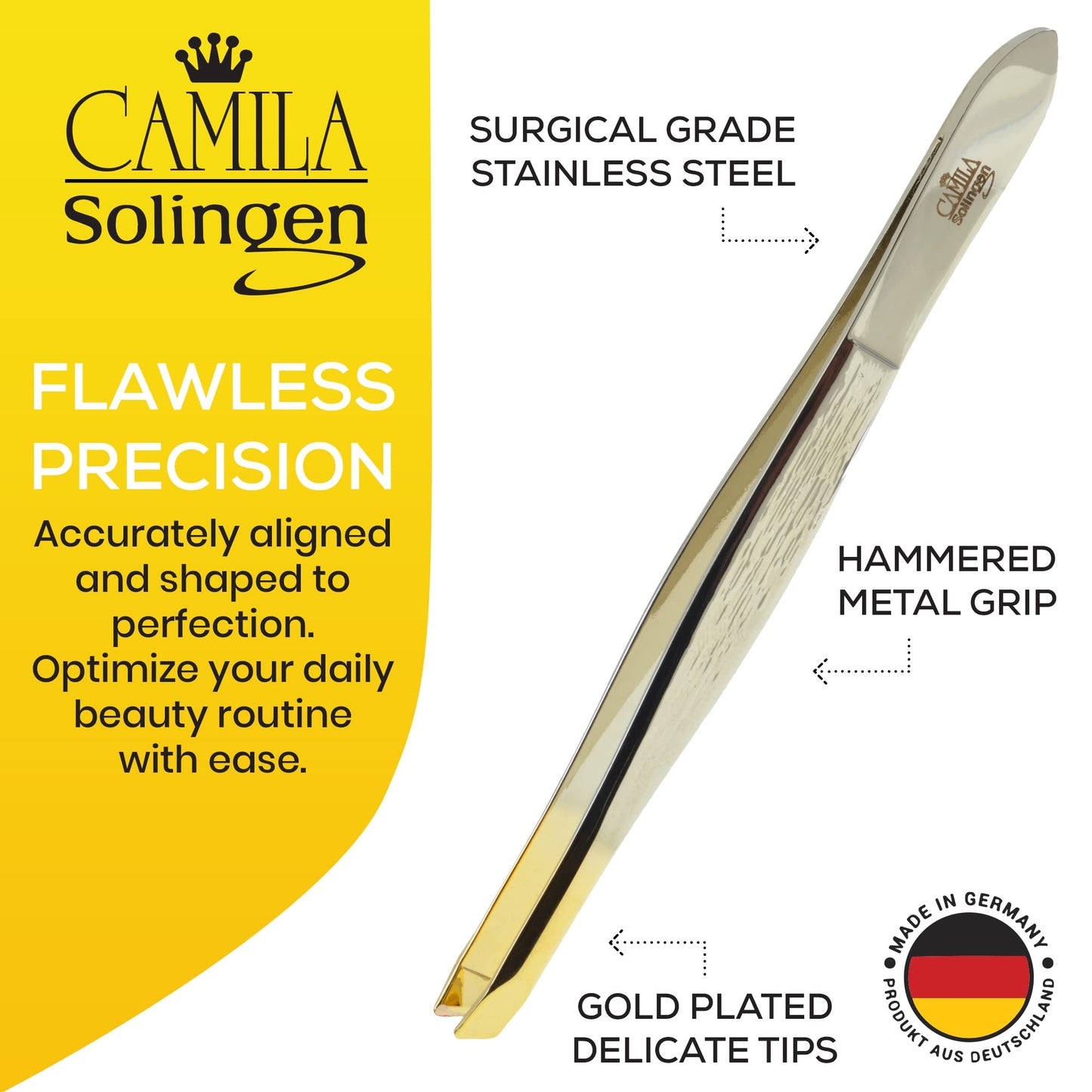 Camila Solingen CS29 3 1/2" Gold Tipped, Surgical Grade, German Stainless Steel Tweezers (Slanted) - Flawless Eyebrow and Facial Hair Shaping Beauty & Personal Care Camila Solingen