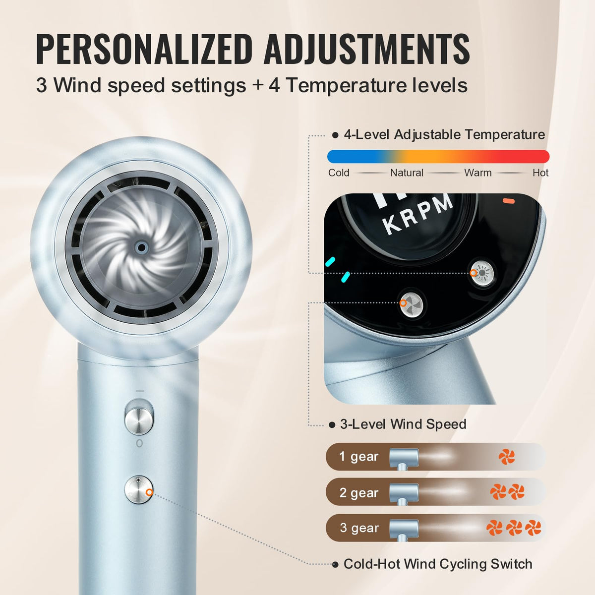 VEVOR High-Speed Hair Dryer with 105,000RPM Brushless Motor, 200 Million Negative Ions Hair Blow Dryer, 4 Temps & 3 Speeds, LCD Display Thermo-Control
