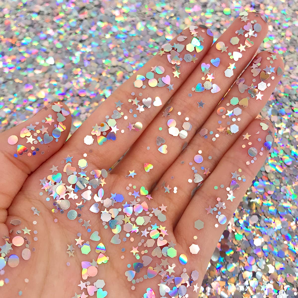 Holographic Silver - Face & Body Glitter - Chunky Glitter - Uses Include: Holidays, Cheerleading, Festival, Rave, Hair, Makeup, Face, Body, Nails Beauty & Personal Care Electric Bliss Beauty