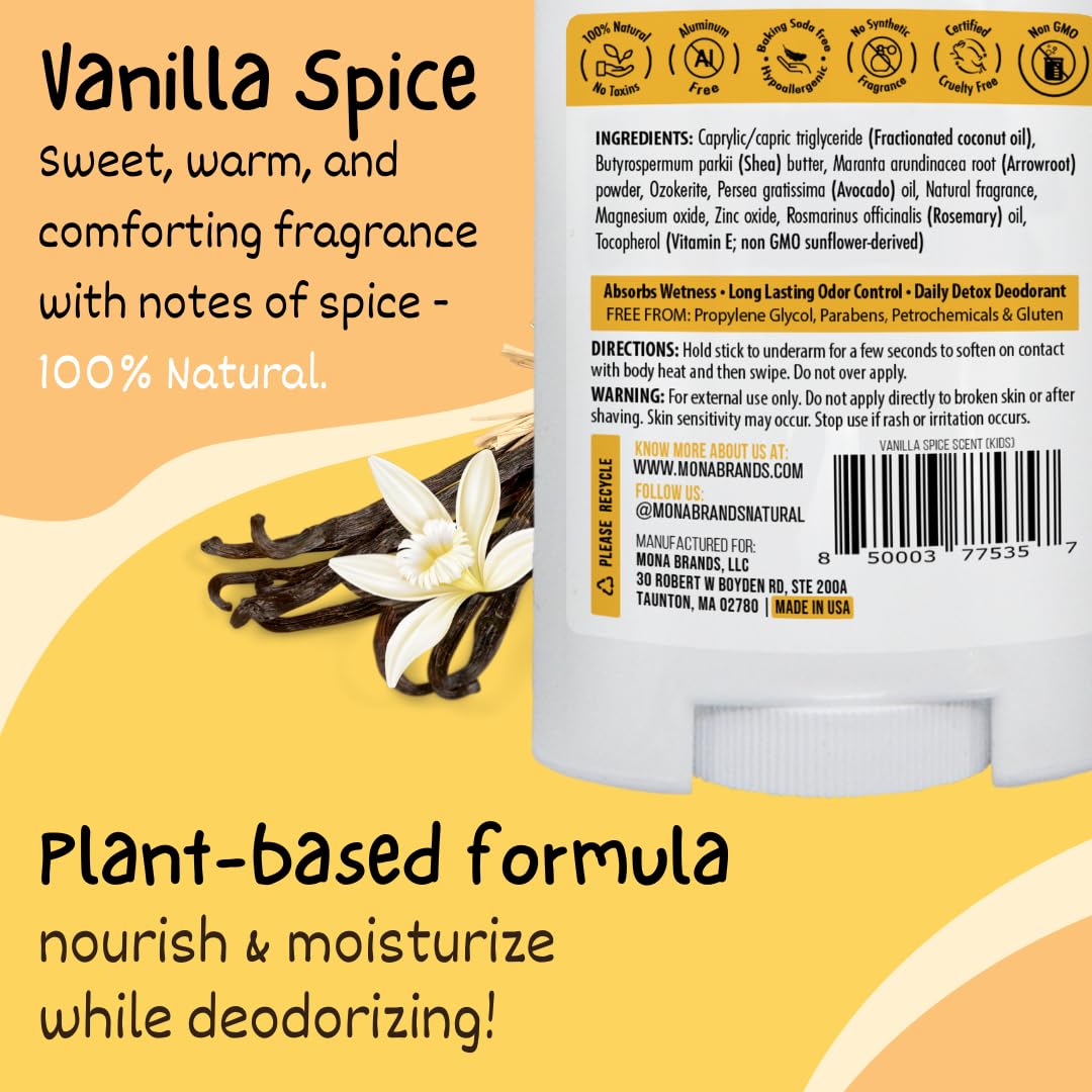 MONA Vanilla Spice Natural Deodorant for Kids, Preteens & Teens, Aluminum Free, Gluten and Baking Soda Free, Gentle for Sensitive Skin, Vegan Beauty and Personal Care MONA