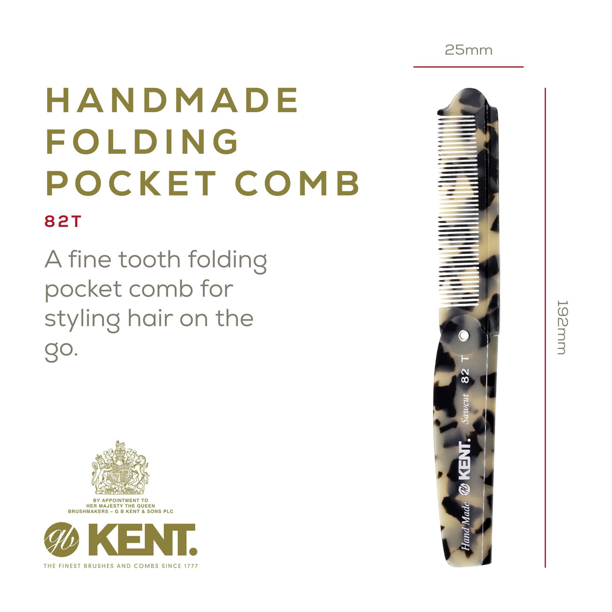 Kent 82T TW Handmade Folding Pocket Comb for Men, Fine Tooth Hair Comb Straightener for Everyday Grooming Styling Hair, Beard or Mustache, Use Dry or